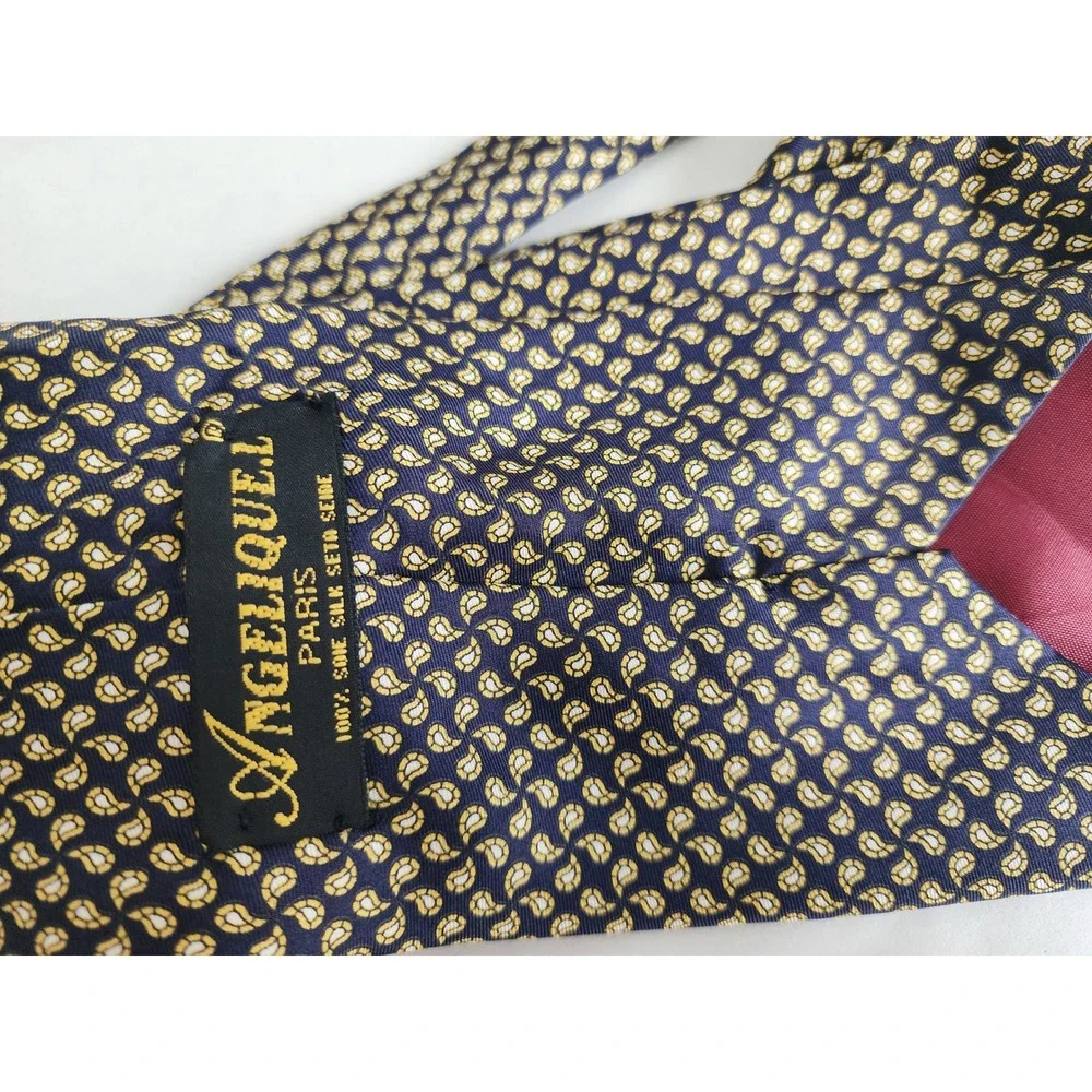 Angelique Paris Silk Tie Navy Blue Gold Micro Paisley Made in Italy Men Acc.